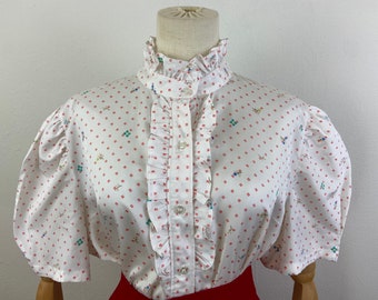 Vintage 70s Floral Print Blouse: Ruffle Collar, Puffy Sleeves, Size 16