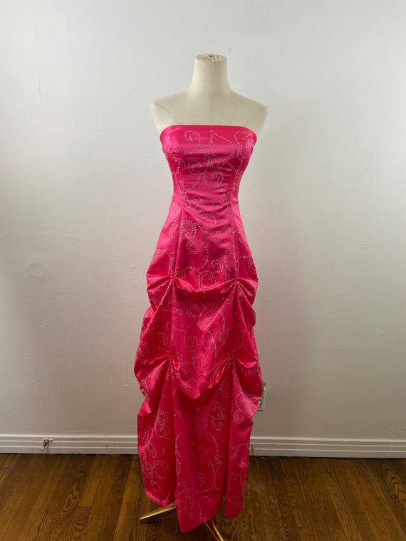 strapless open back dress Strapless Long Metallic Prom Dress with Beaded Corset Hot Pink / 4