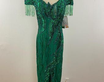 Vintage Emerald Green Sequin Gown: 80s Beaded Formal Dress, Size 10