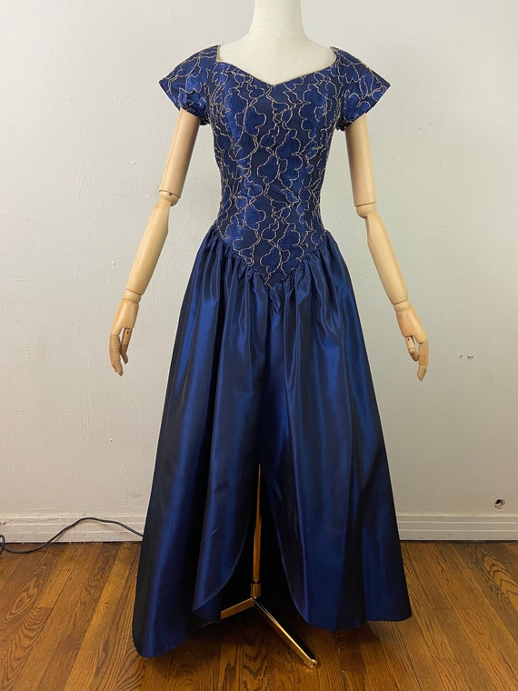 Vintage 80s Shining Navy Blue Silk Taffeta With B… - image 1