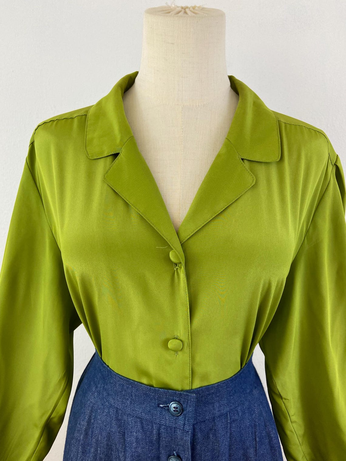 Vintage 80s Avocado Green Puffy Long Sleeves Elegant Evening Blouse by ...