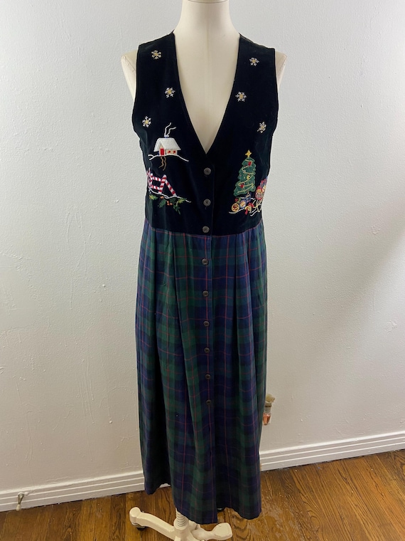 90s christmas dress Vintage 90s Scottish Cotton Plaid Christmas Dress, Velvet Embroidery