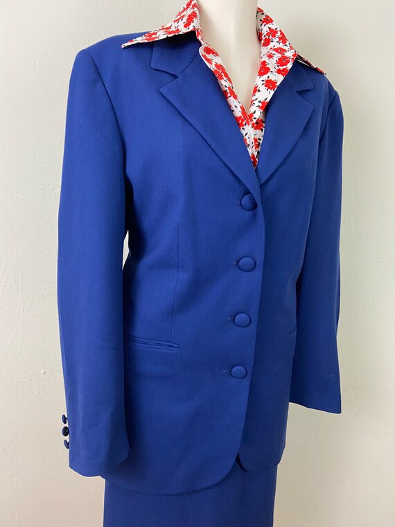 Vintage 90s Navy Blue Midi Skirt Wool Blazer Suit… - image 5