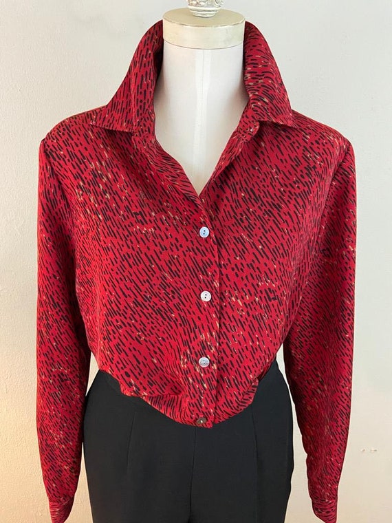 Vintage 80s Cardinal Red Blouse / Cotton Silk Ble… - image 1