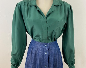Vintage Forest Green Blouse: Silky Puffy Shoulders, Size 16