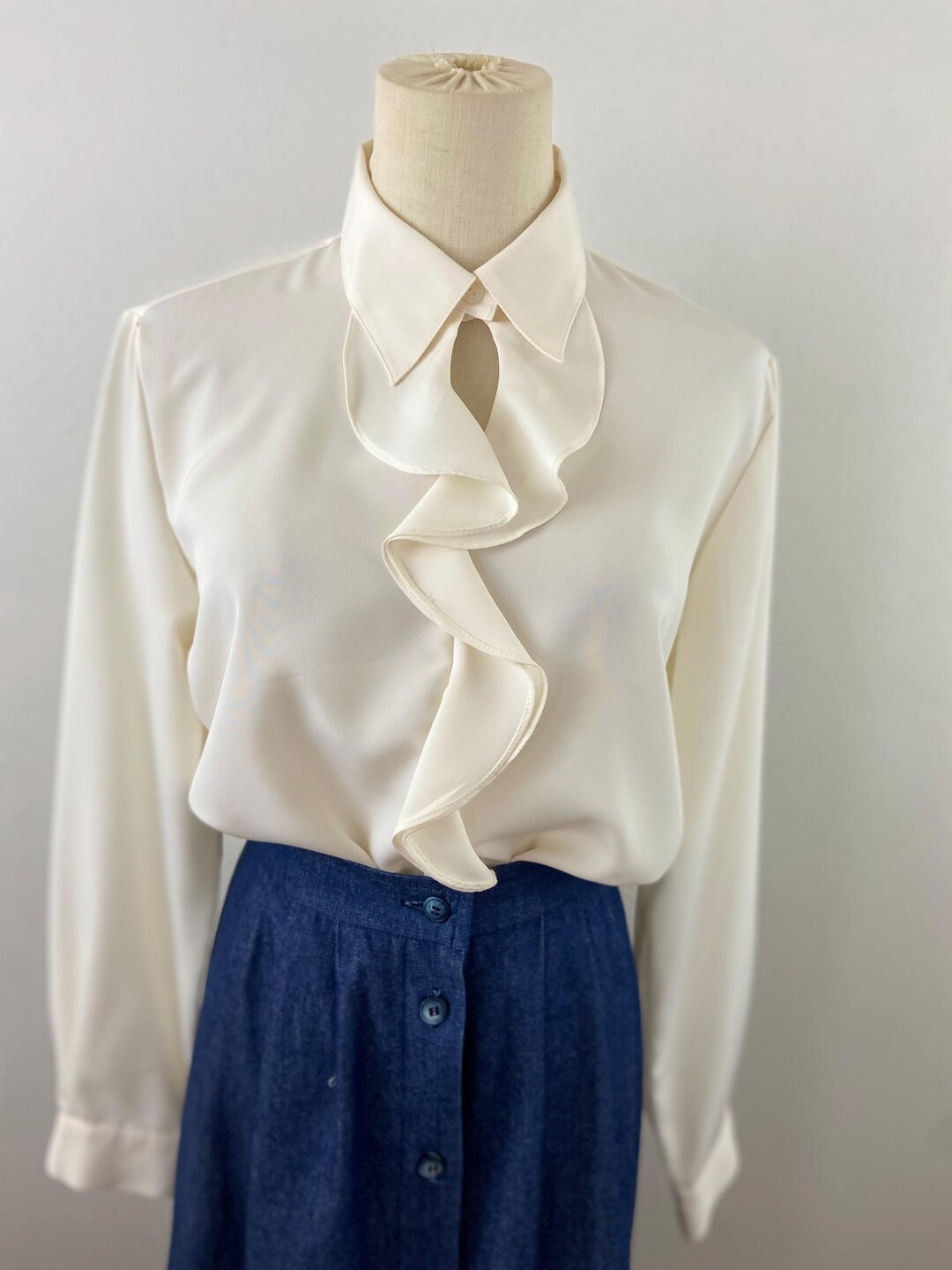 Vintage 90s Beige Silky Ruffle Collared Long Sleeves Elegant Blouse-top ...