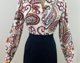 Vintage 90s Paisley Print Crinkle Crepe Blouse - Alfred Dunner - Size 8P