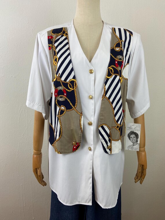 Vintage 80s Nautical Print Blouse with Attached V… - image 1