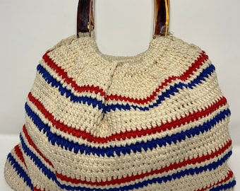 Vintage 70s Crochet Knit Pouch Handbag: Lucite Handle Bohemian Purse