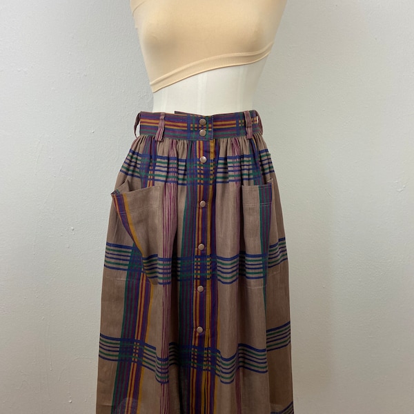Vintage 90s ESCADA Maid in West Germany Toffy Brown And Colors Lines Button Front Baggy Pockets Skirt, Size-38, Summers Travel Skirt.