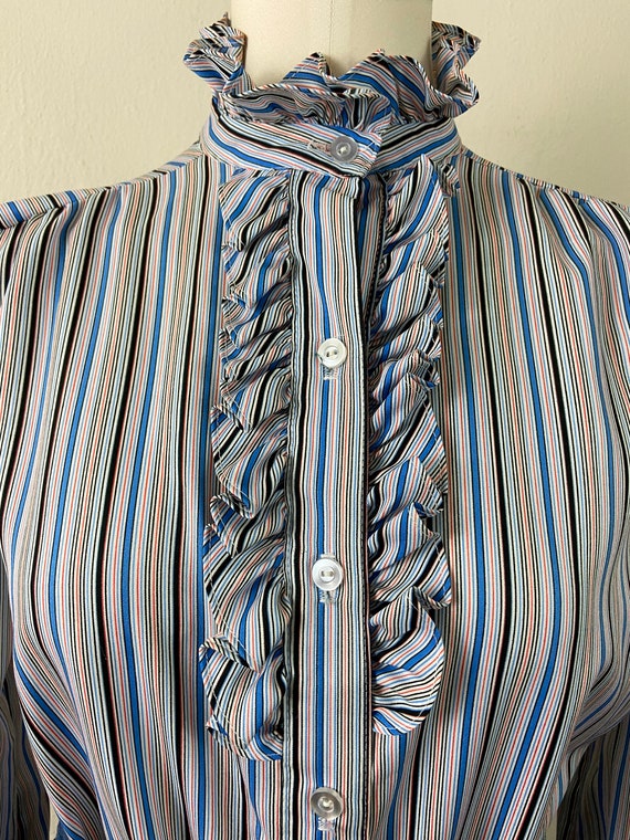 ORGUE オルグ Stripe frill collar blouse Vintage 70s Ruffle Collard and Chest Stripe Print Long Puffy