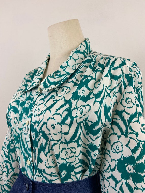Vintage 70s Emerald Green And White Flower Print … - image 6