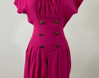 Vintage 80s Fucsia Drop V-Neck Collar Short Funky Jumpsuit-Romper By PATTY, Size-Small.