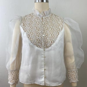 Vintage 60s Guipure Lace Blouse: Victorian Organza Puffy Sleeve Top