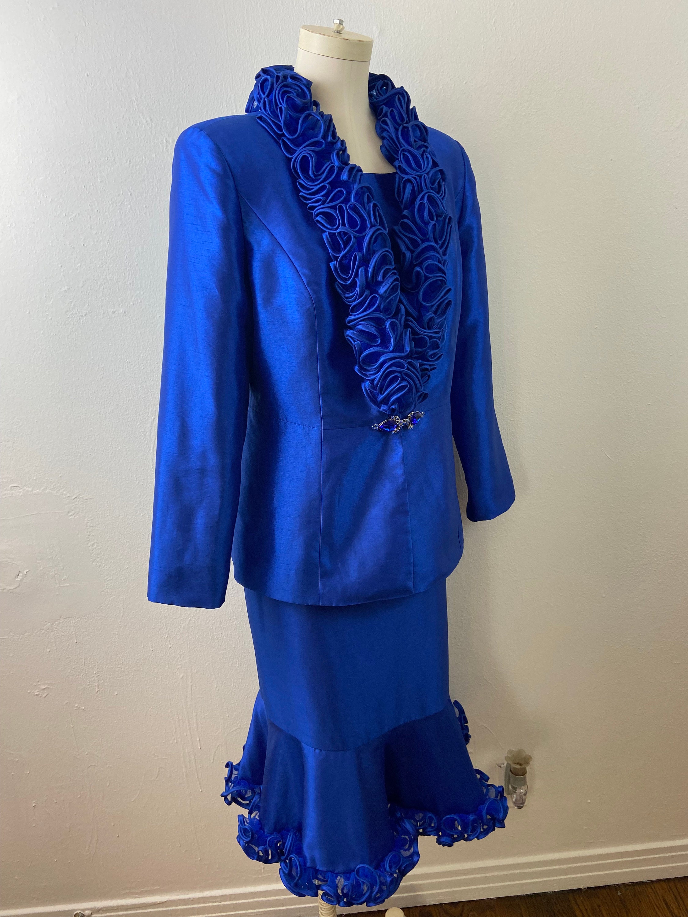 Vintage 90s TERRAMINA Electric Blue Ruffle Suit: 3-piece Peplum
