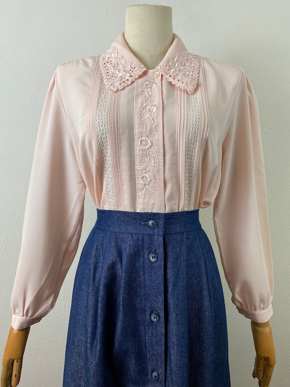 Vintage 90s Peach Embroidery Collard And Chest Bl… - image 1
