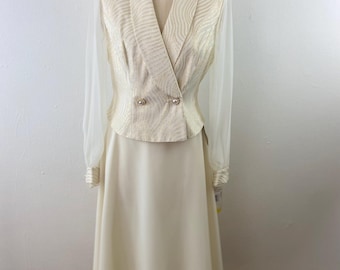 Vintage 80s Metallic Gold And Beige Chiffon Weeding Long Sleeves Blazer & Skirt Suits Set.
