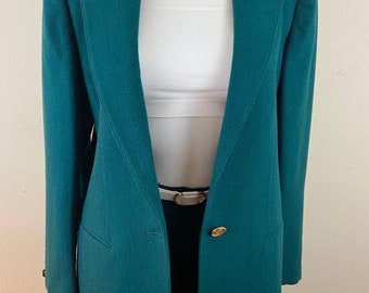 Vintage 80s Wool Blazer Skirt Set: Leslie Fay Turquoise Green, Size 10
