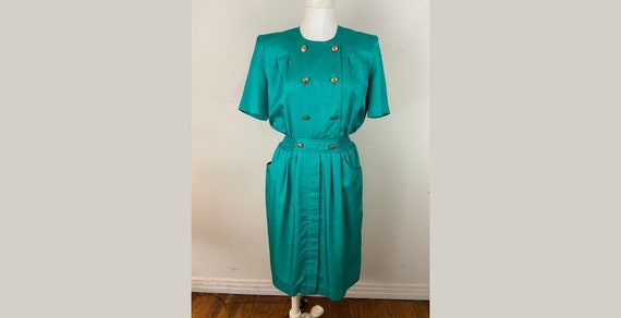 Vintage 80s Leslie Fay Turquoise Dress Size 8 / Poli Fabrics / Gold Canvas  Style Buttons - Etsy