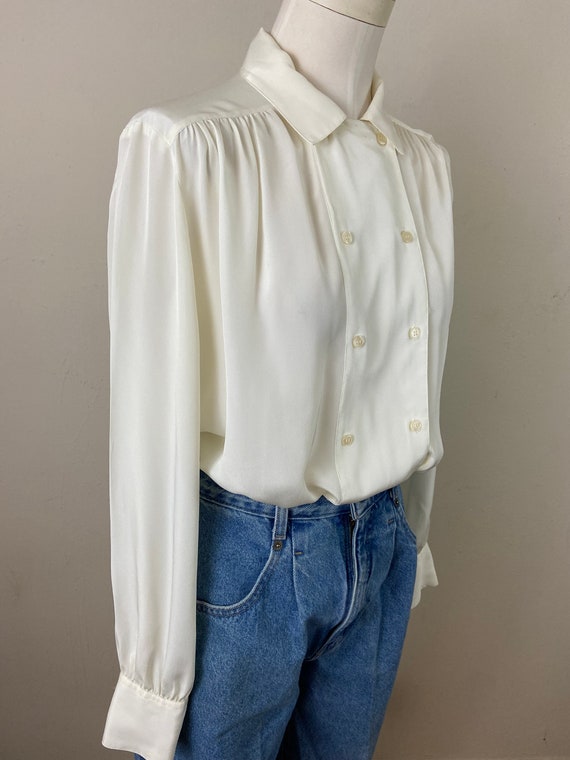 Vintage 80s Doble Plaid Silk Crepe Off White Blou… - image 3