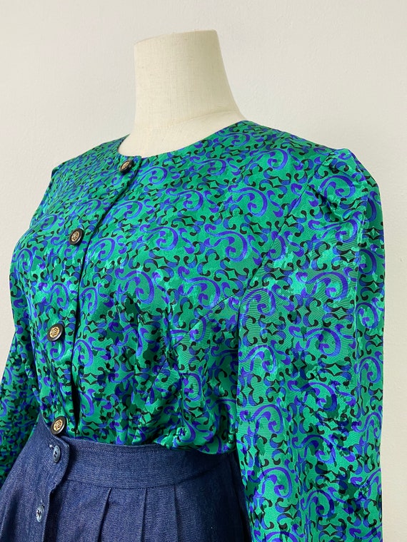 Vintage 80s Leslie Fay Jacguard Crepe Purple And … - image 6