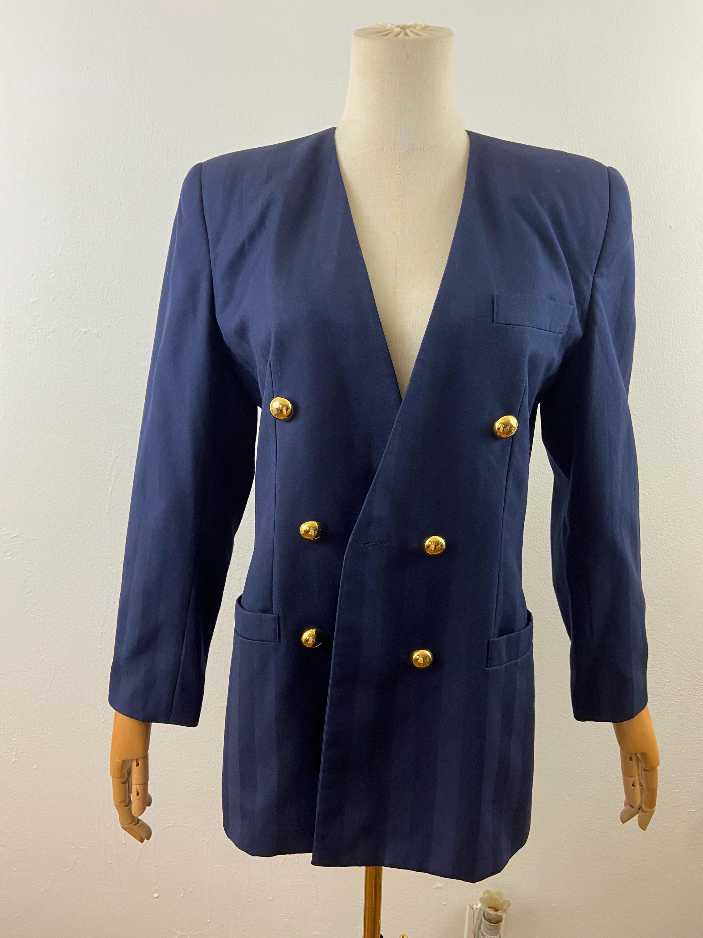 Vintage 80s Navy Blue Jacket Blazer: Princess Seams, Gold Buttons 
