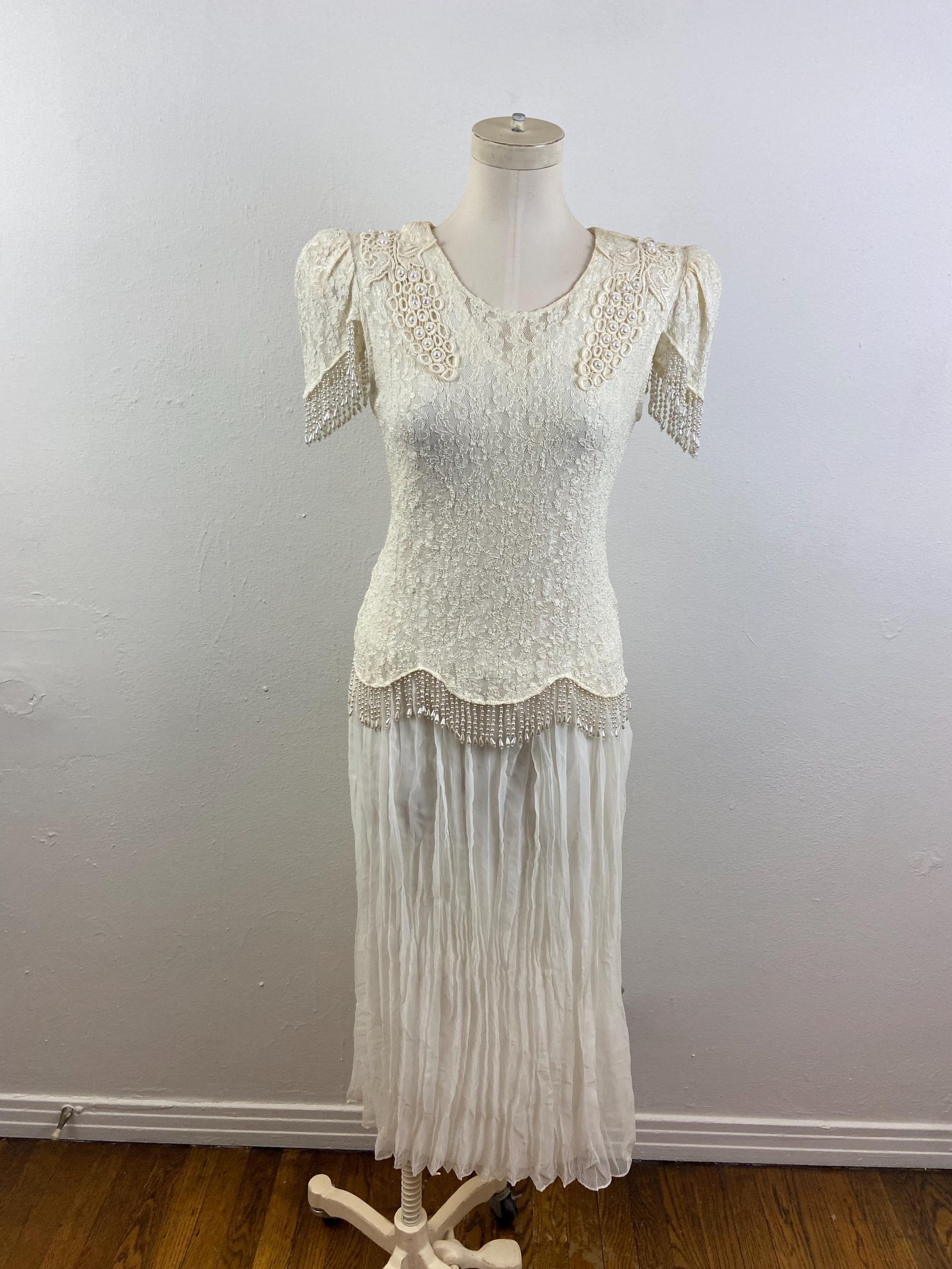 Vintage 80s Cream Beige Spandex Chantilly Lace With Pearl Trim 