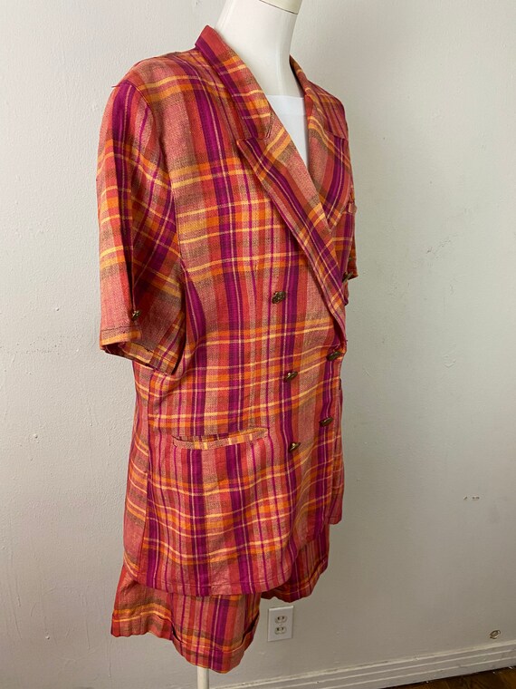 Vintage 80s Madras India Linen Orange Fucsia Plat… - image 7