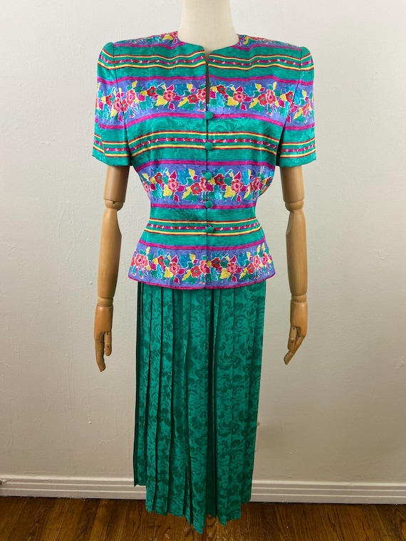 80s Silk Emerald Green Floral Dress Set: Adrianna Papell Vintage Cocktail  Dress, Size 4