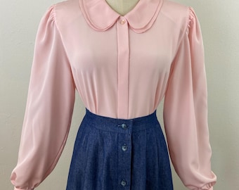 Vintage 80s Pink Silky Blouse: Rounded Collar, Long Sleeves (Size 12)