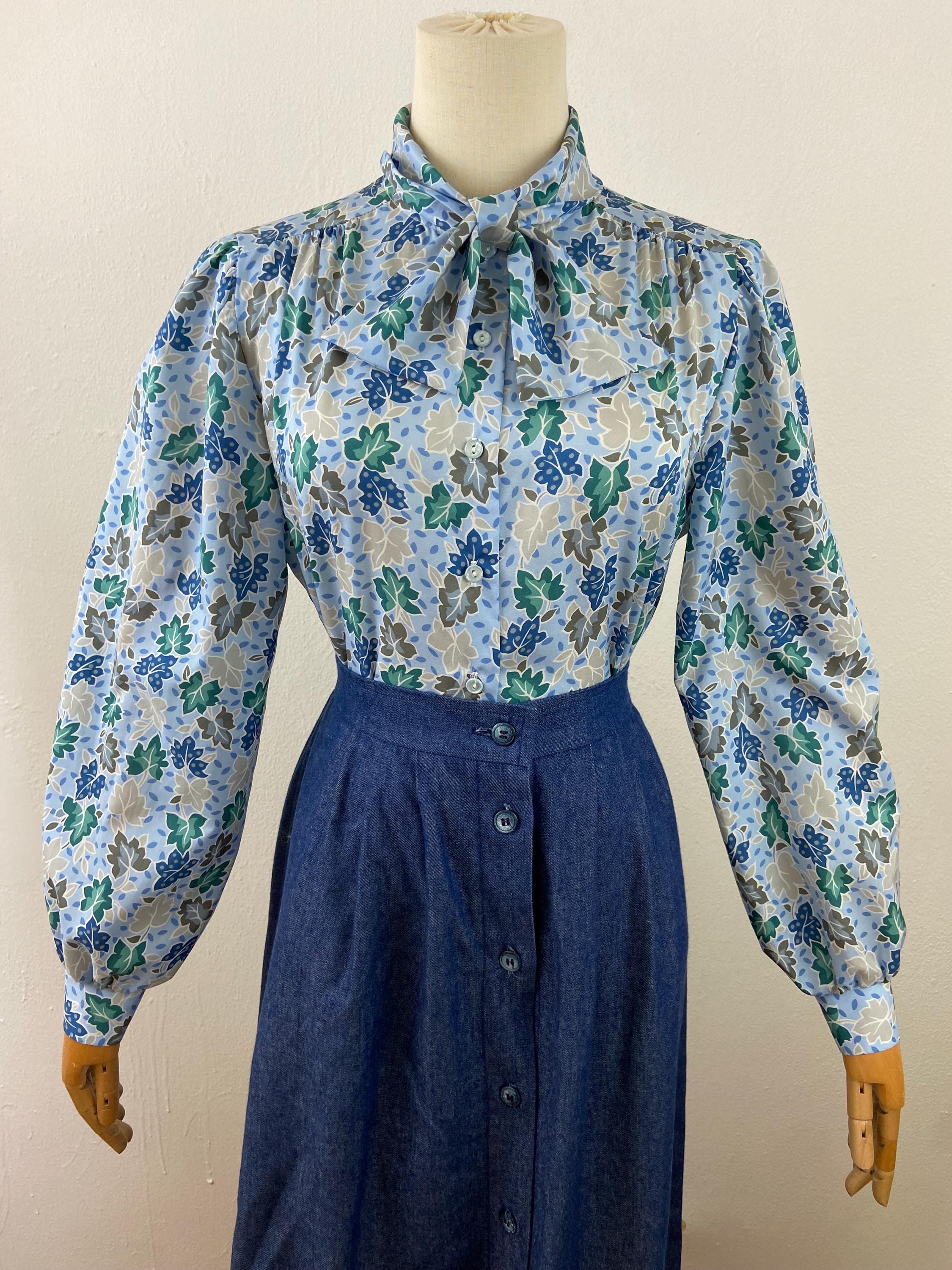 80s Baby Blue Leaf Print Blouse: Vintage Alicia Top, Size 10 - Etsy