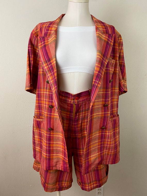 Vintage 80s Madras India Linen Orange Fucsia Plat… - image 8