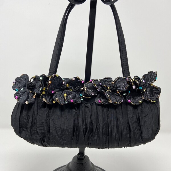 Vintage Y2K 40S Style Hand Or Crossbody Black Crinkle With Flowers Evening Purse Bag, Party Formal Purse- Hand bag.