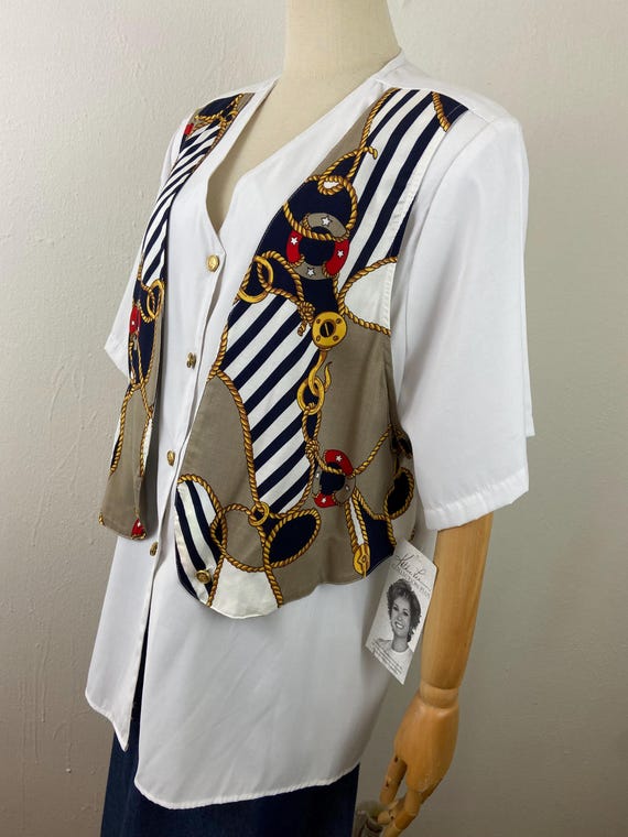 Vintage 80s Nautical Print Blouse with Attached V… - image 3