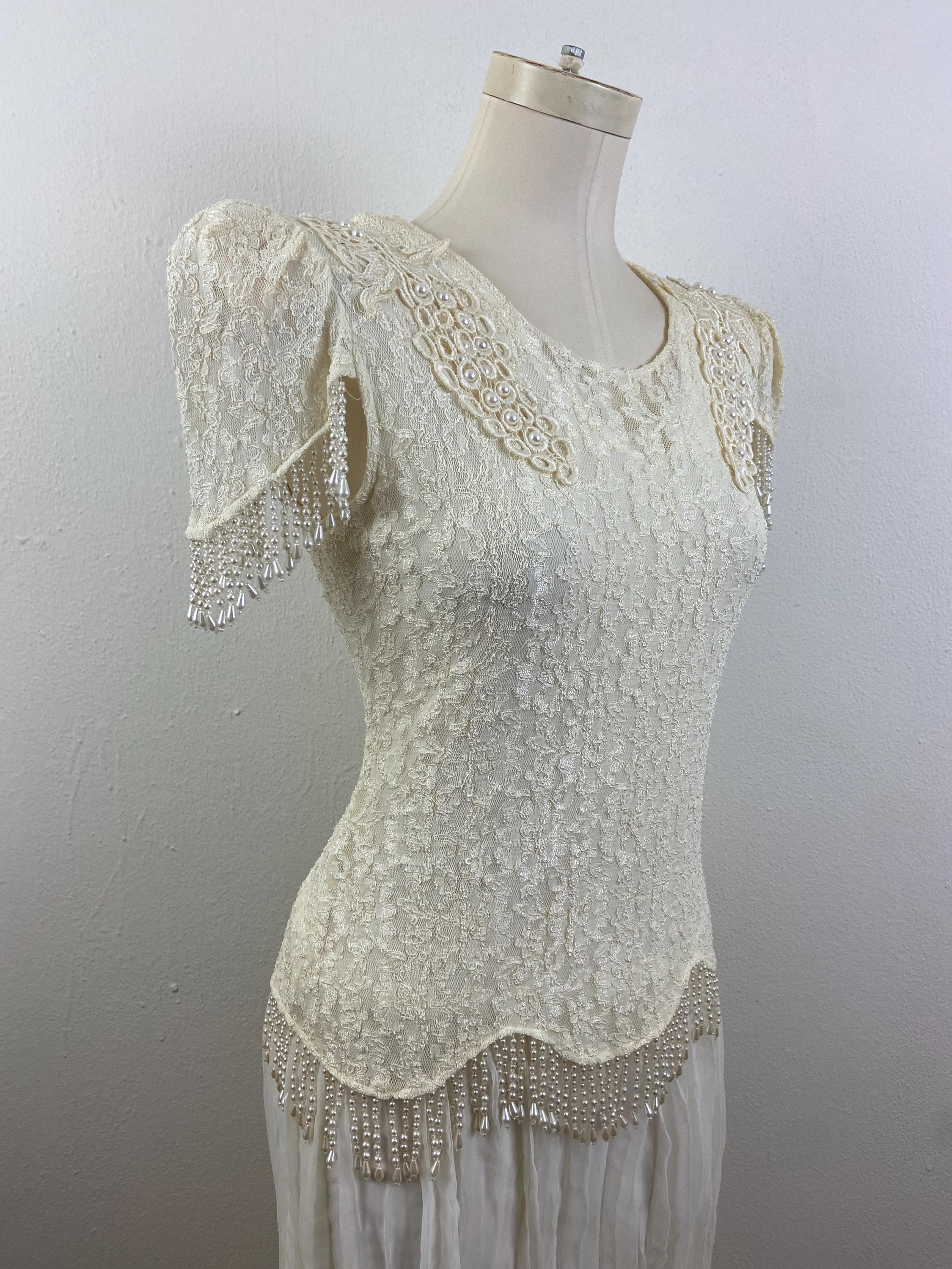 Vintage 80s Cream Beige Spandex Chantilly Lace With Pearl