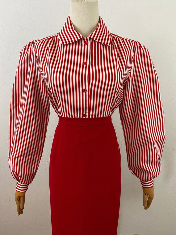 Vintage 70s Red And White Stripe Print With Puffy… - image 1