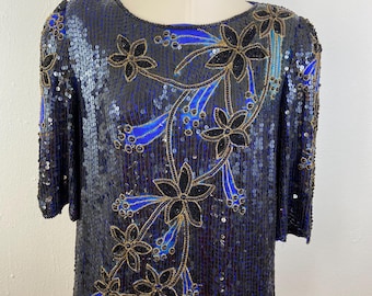 Vintage 80s Sequin Blouse: SCALA Exotic Floral Evening Top, Size L