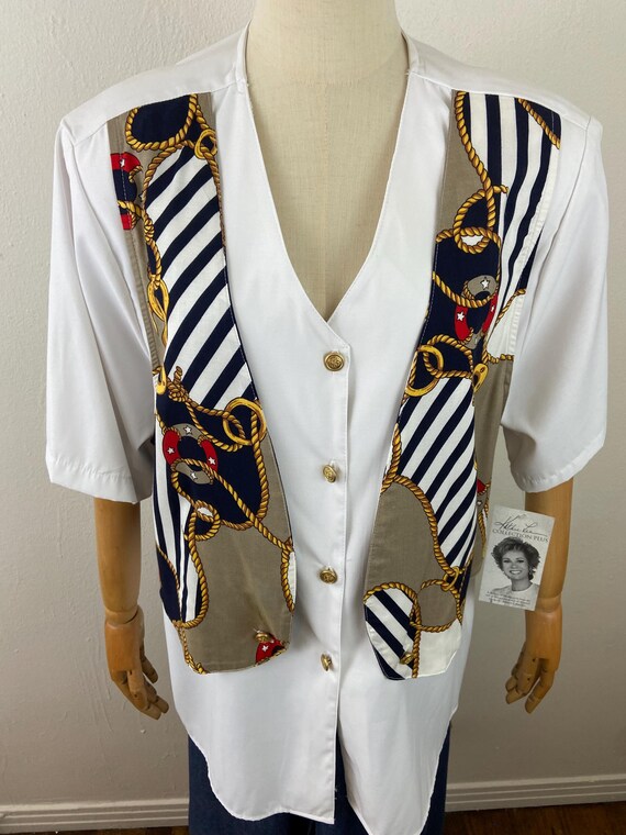 Vintage 80s Nautical Print Blouse with Attached V… - image 2