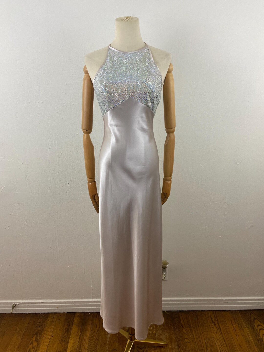 Vintage 80s Metallic Iridescent Gown: Open Back Charmuse Skirt