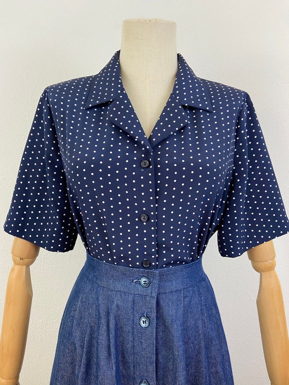 Vintage 90s Navy Blue With White Polka Dots Print 