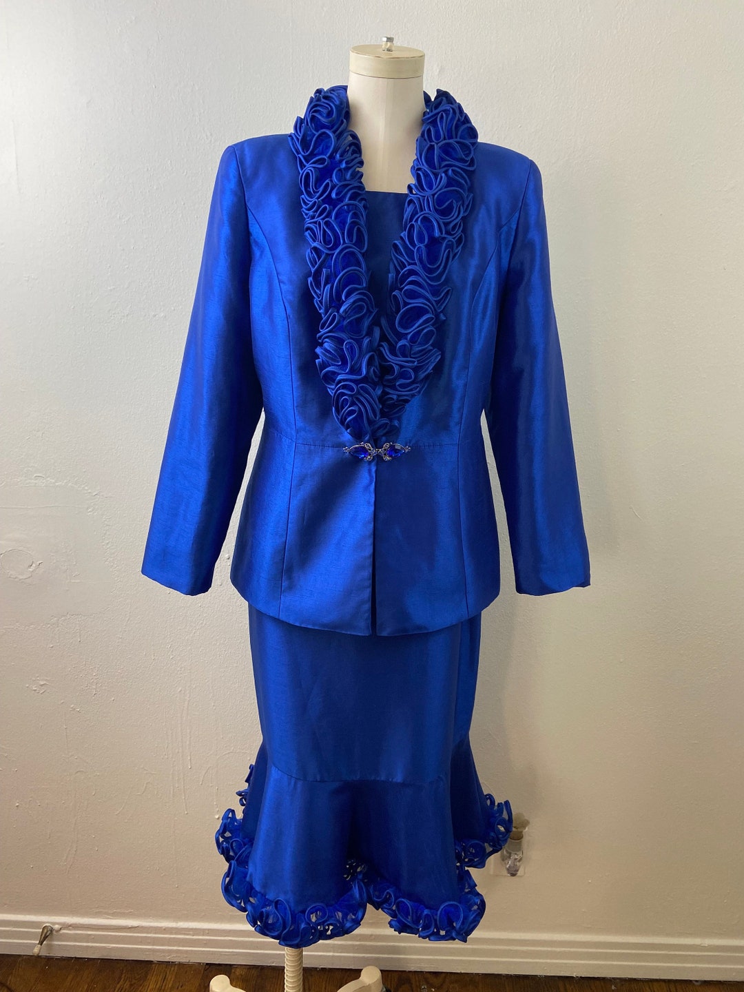 Vintage 90s TERRAMINA Electric Blue Ruffle Suit: 3-piece Peplum