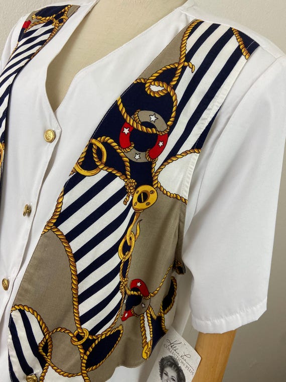Vintage 80s Nautical Print Blouse with Attached V… - image 8