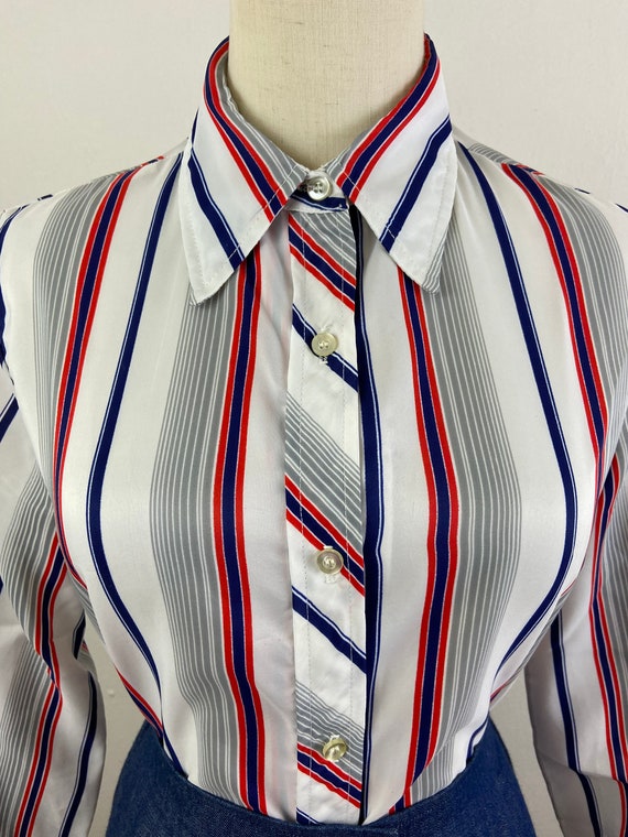 Vintage Blouse From Late 60s, Marine Colors Verti… - image 2