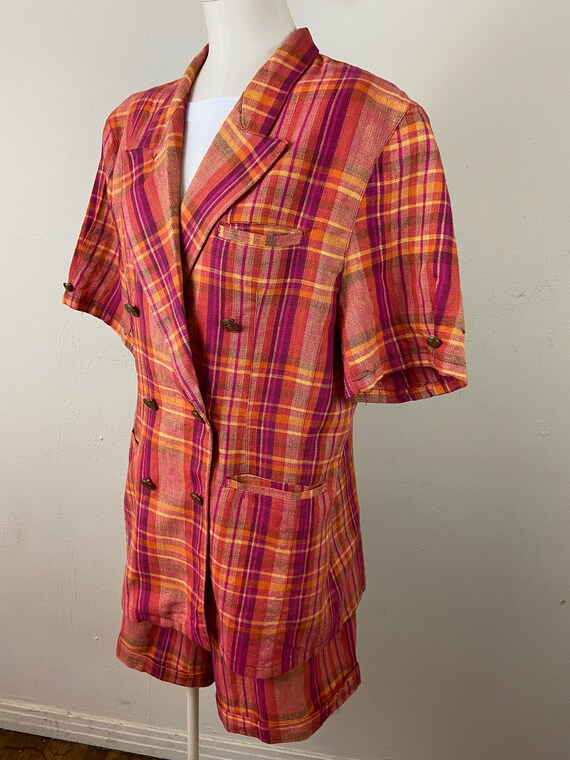 Vintage 80s Madras India Linen Orange Fucsia Plat… - image 5