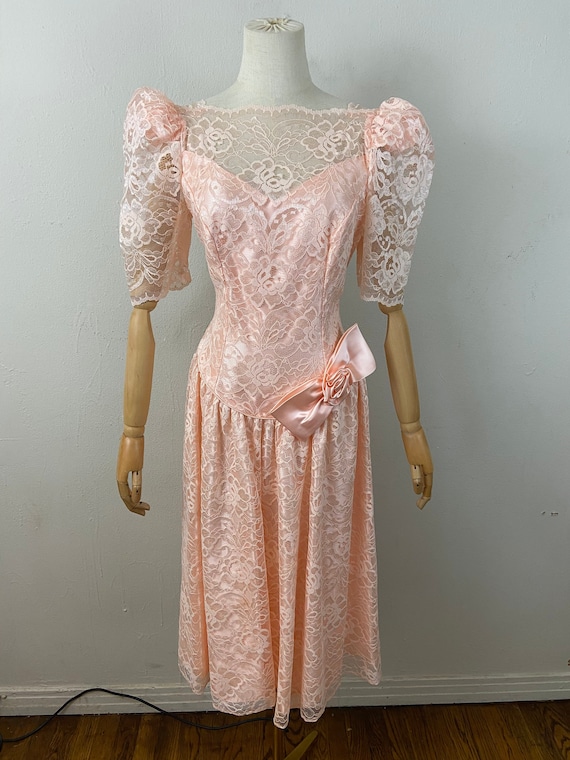 Vintage 80s Satin And Lace Peach Formal Evening Ro