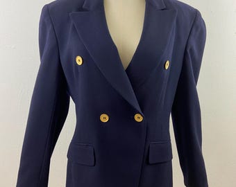 Vintage 80s Navy Wool Blazer: Jones NY Double Breasted Jacket, Size 10
