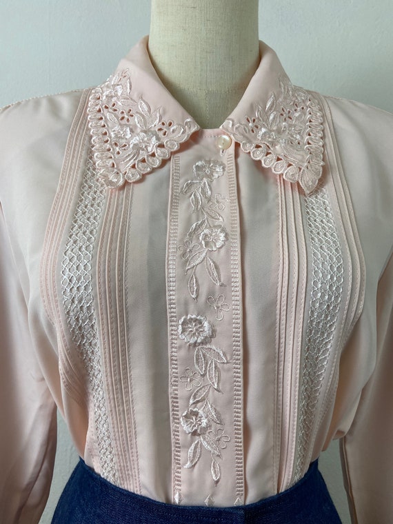 Vintage 90s Peach Embroidery Collard And Chest Bl… - image 3