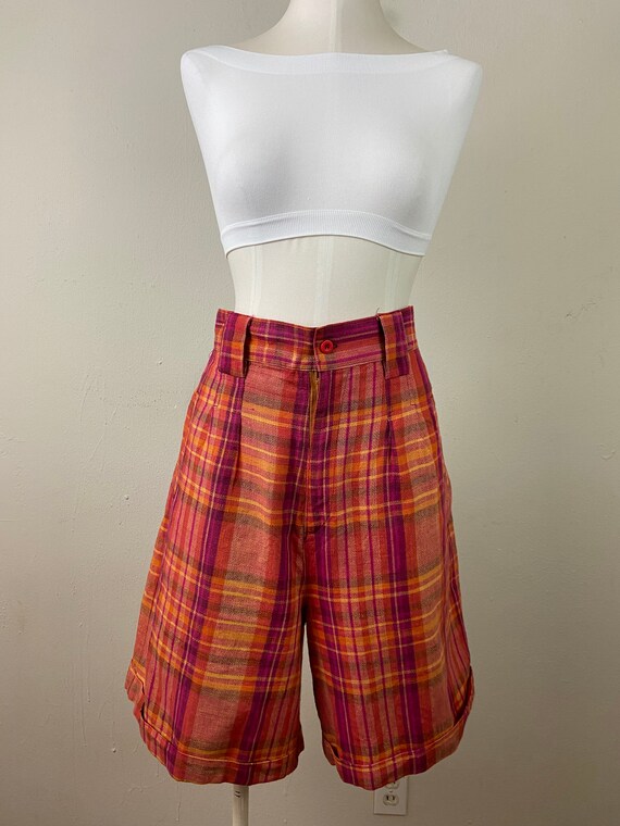 Vintage 80s Madras India Linen Orange Fucsia Plat… - image 2