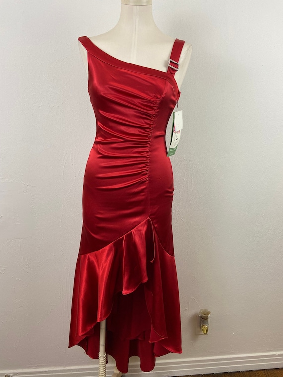 Vintage 90s Ruby Red Halter Dress: Rhinestone Brooch, Asymmetrical Hem