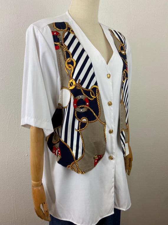Vintage 80s Nautical Print Blouse with Attached V… - image 4